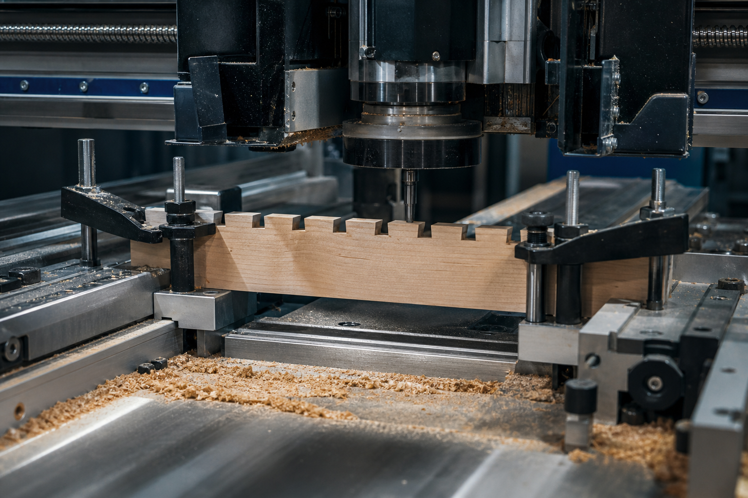 CNC dovetailer cutting equal-spaced dovetails in maple