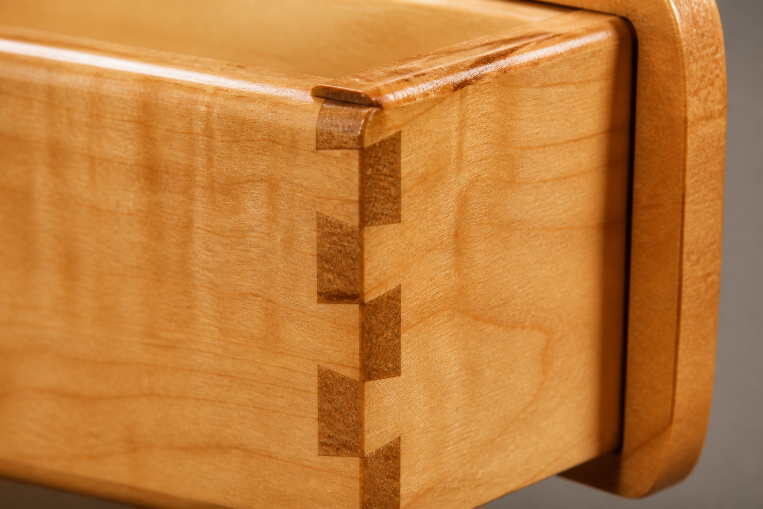 Close-up of a lacquered maple dovetail joint