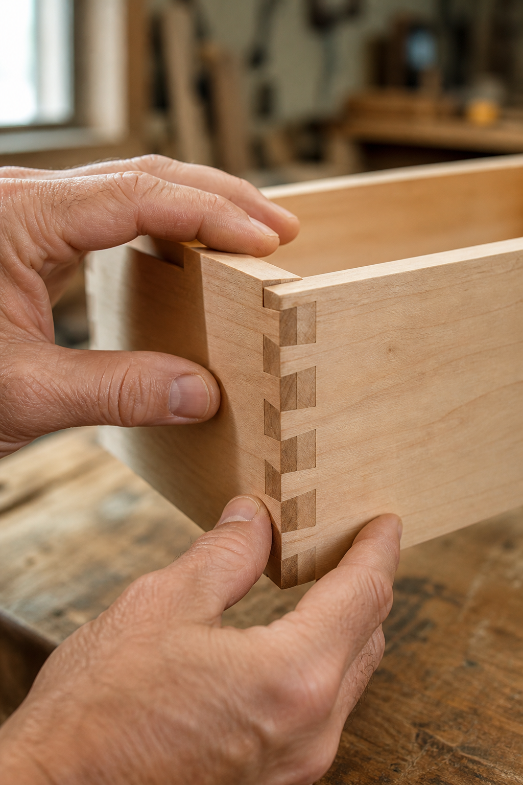 Hands inspecting a dovetail joint after machining